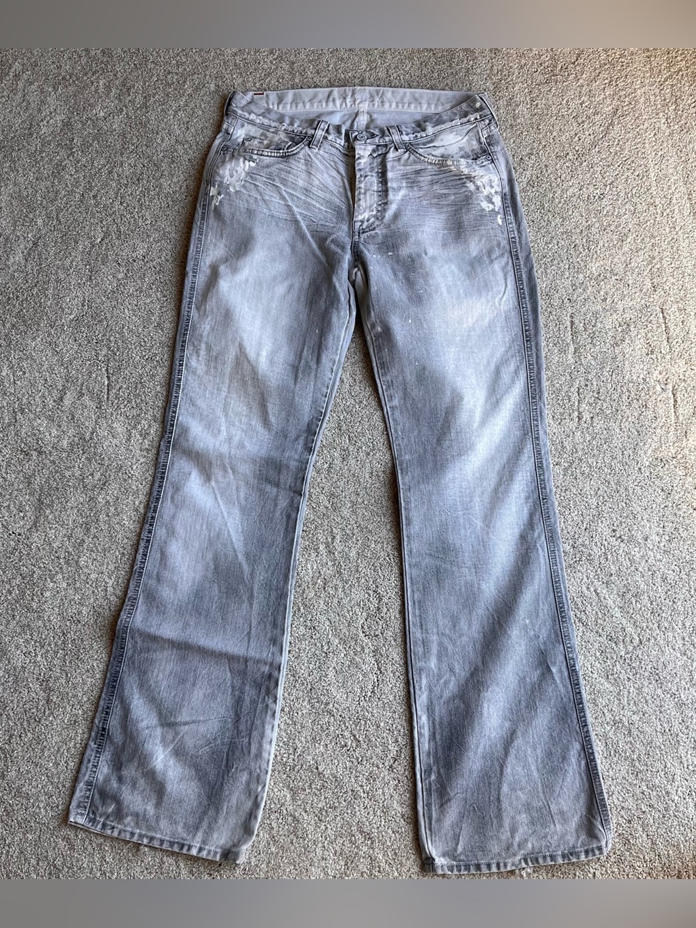 7 For All Mankind Grey Acid Wash Distressed Bootcut Jeans, Size 32